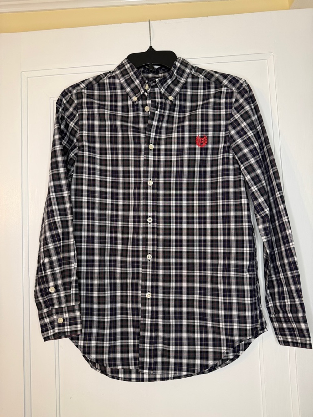 Chaps Boys Button Down Shirt L 14/16 Black White Plaid | Red Crest Logo